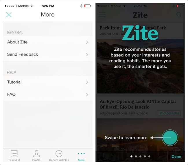 Zite for iOS: the Tour can be launched again from the More menu