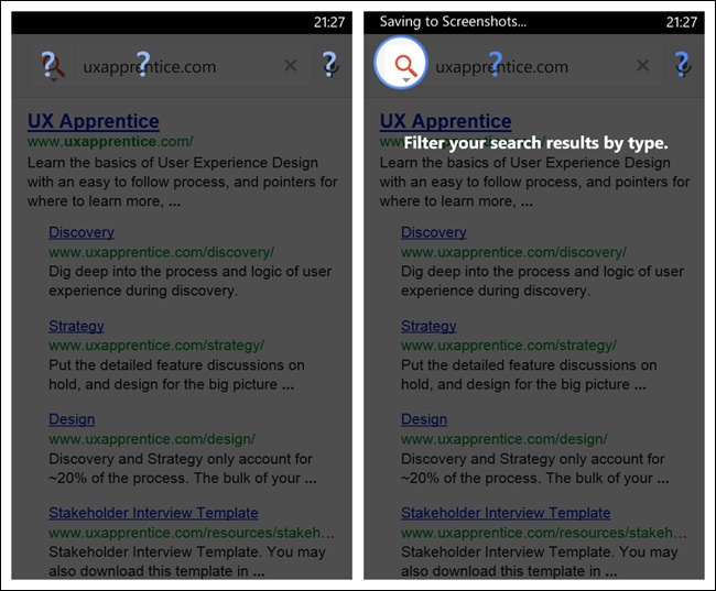 Google for Windows Phone: user can reveal Contextual Help for specific buttons