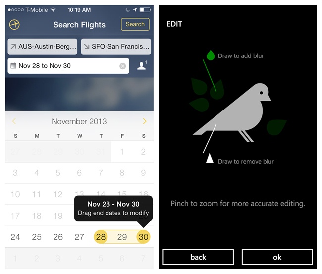 Expedia for iOS and Creative Studio for Windows Phone offer help during the task flow