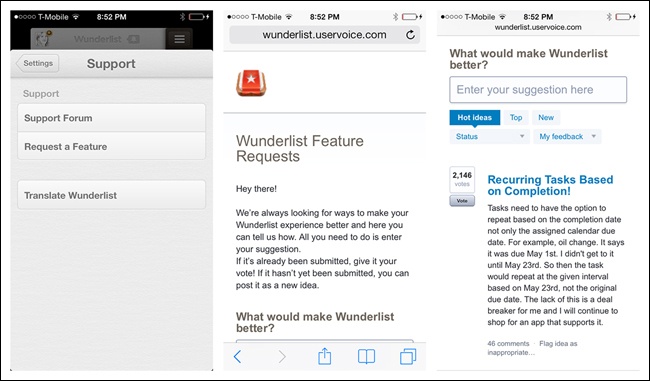 Wunderlist for iOS integrates UserVoice to use Feedback Capture as a way to build community