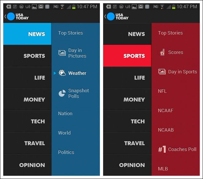 USA Today for Android: color used judiciously in the menu