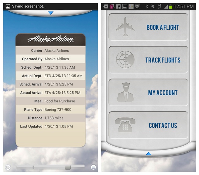 Alaska Airlines for Android: window shade menu doesn’t help the user