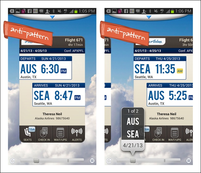 Alaska Airlines for Android: unusual Search Results view; navigate through cards with bottom scrollbar