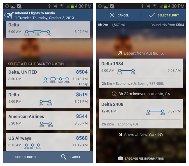 Expedia for Android: nice visualization for the flight legs and connections