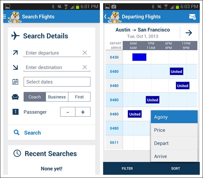 Hipmunk for Android: innovative experience (filter by agony level), but familiar controls