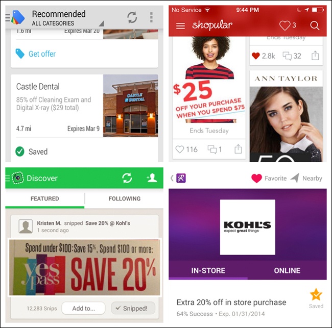 Google Offers, Shopular, SnipSnap, and RetailMeNot all offer Inline Actions for saving, snipping, and favoriting