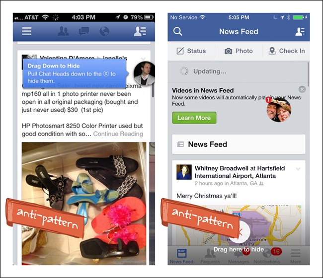 Facebook for iOS: Chat Heads are nonintuitive and require extra effort to remove from the view