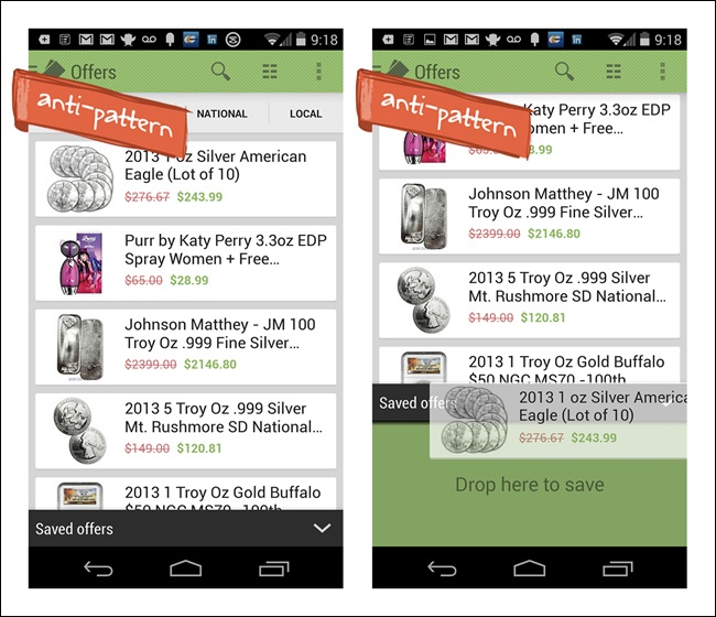 Eureka Offers for Android requires a long-press drag-and-drop to save