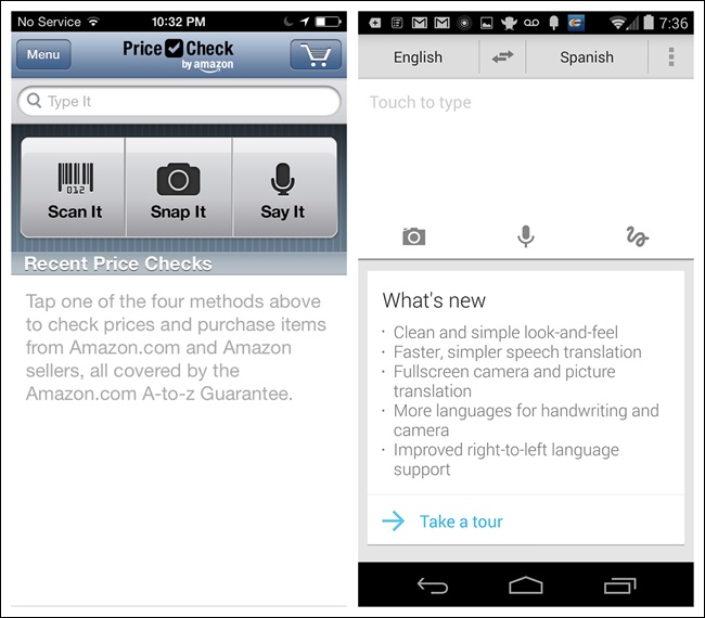 Amazon Price Check for iOS and Google Translate for Android: intuitive input mode choosers