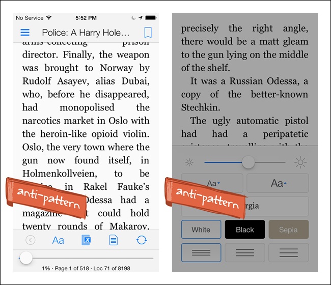 Kindle for iOS hides the brightness control under the font properties icon