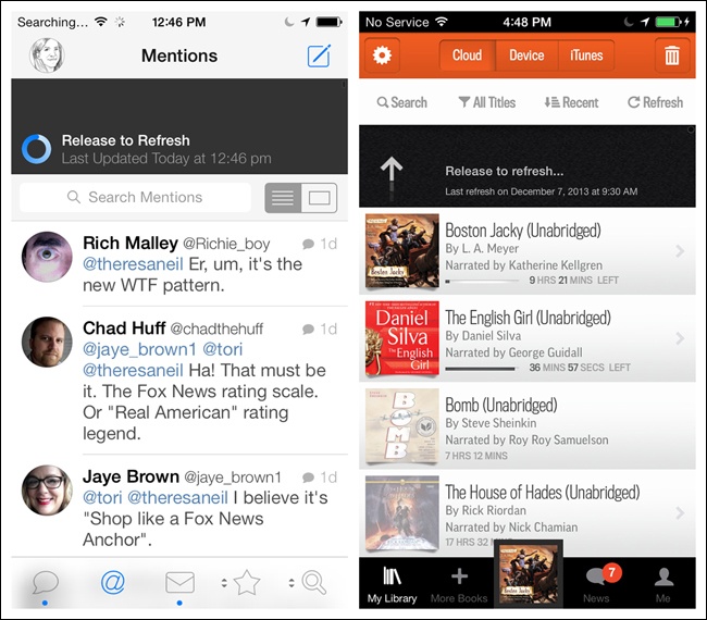 Tweetbot 3 and Audible for iOS: pull to refresh has become a standard gesture