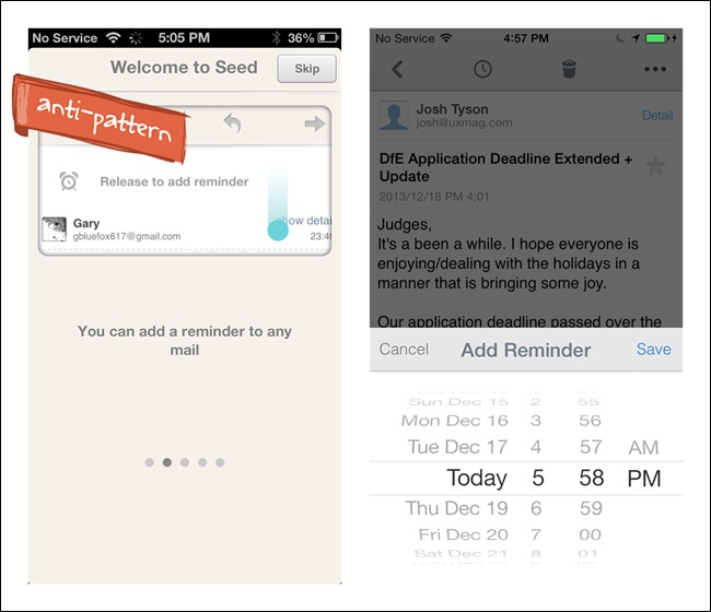 Two versions of Seed for iOS: pull to add reminder (left), dropped from redesign in favor of a reminder icon (right)