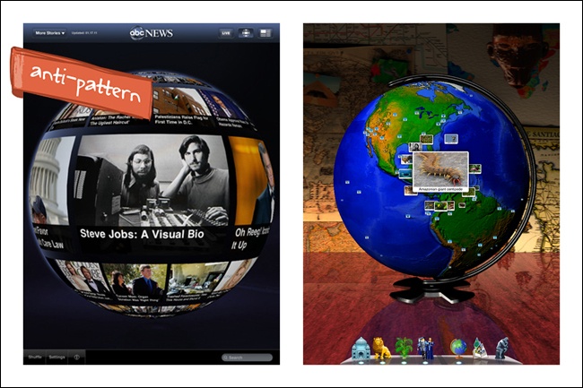 ABC News for iPad (2011) used a globe for navigating news content; in Geo Walk for iOS, a globe more properly suggests geographic context