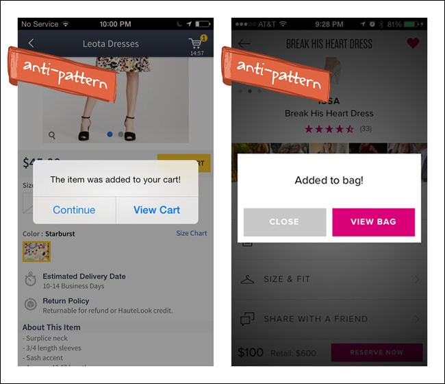 Haute and Rent the Runway for iOS: Idiot Box confirmation for adding items to cart