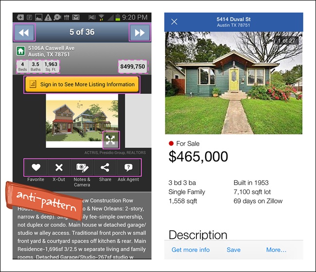 Redfin for Android and Zillow for iOS: Oceans of Buttons versus clean design with Toolbar