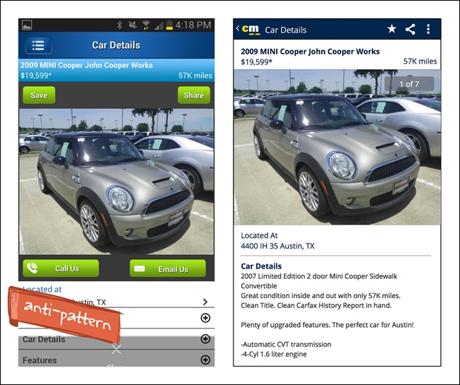 CarMax for Android: suboptimal four-corners button placement, and my low-fidelity redesign with the Android Action Bar