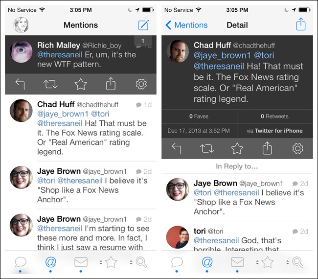 Tweetbot: tap message for Contextual Tools; swipe left for message details