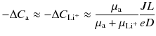 $$- \Delta C_{\text{a}} \approx - \Delta C_{{{\text{Li}}^{ + } }} \approx \frac{{\mu_{\text{a}} }}{{\mu_{\text{a}} + \mu_{{{\text{Li}}^{ + } }} }}\frac{JL}{eD}$$