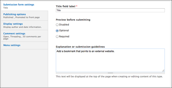 The Submission form settings page