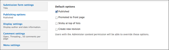 The Publishing options page