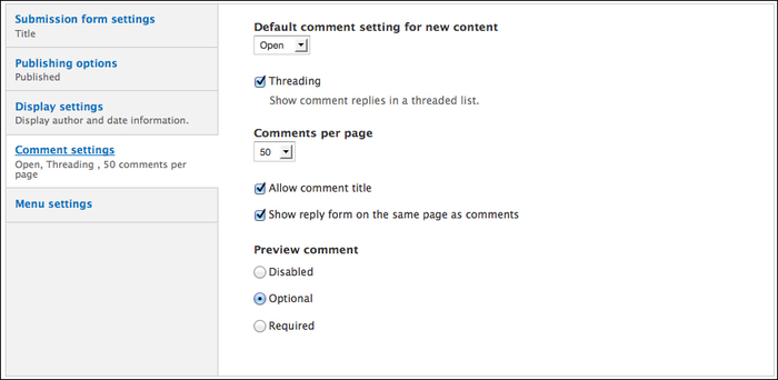 The Comment settings page