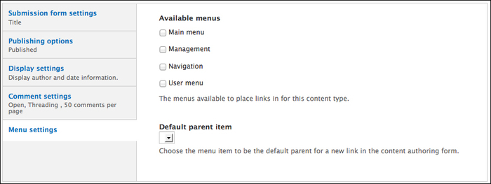 The Menu settings page