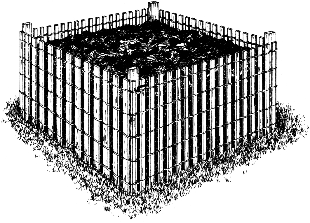 Recycled materials, such as snow fence, can be used to construct a compost pen.