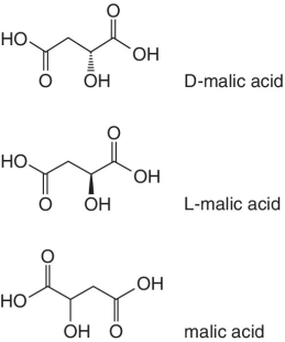 Structural formula of D-malic acid, L-malic acid, and malic acid.