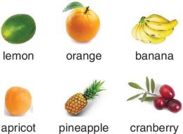 Photo of a lemon, an orange, bananas, an apricot, a pineapple, and cranberries.