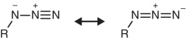 2 Skeletal structures of nitrogen compounds terminal azide with double–headed arrow in between and approximate chemical shifts, ppm of 100—130.