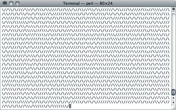 Screen capture of the ASCII Perl port of 10 PRINT, which uses the slash and backslash to approximate the diagonal lines.