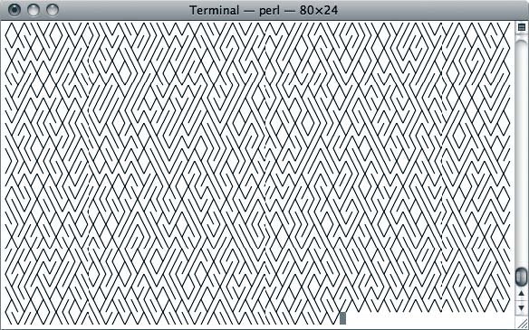 Screen capture of the Unicode Perl port of 10 PRINT, which uses characters 9585 and 9586 to better approximate the PETSCII characters.