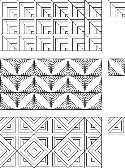 Examples of litema patterns from South Africa. These patterns are typically etched into the plastered mud walls on the exterior of homes. The patterns are constructed by repeating and rotating a single square unit.