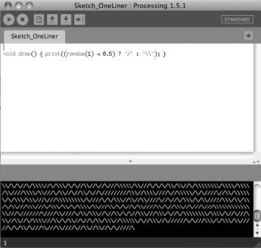 This one-line Processing 10 PRINT port is algorithmically more similar to the Commodore 64 program, but the visual output is extremely different. The code is written in the text editor and the output is drawn to the console rather than opening a new display window.