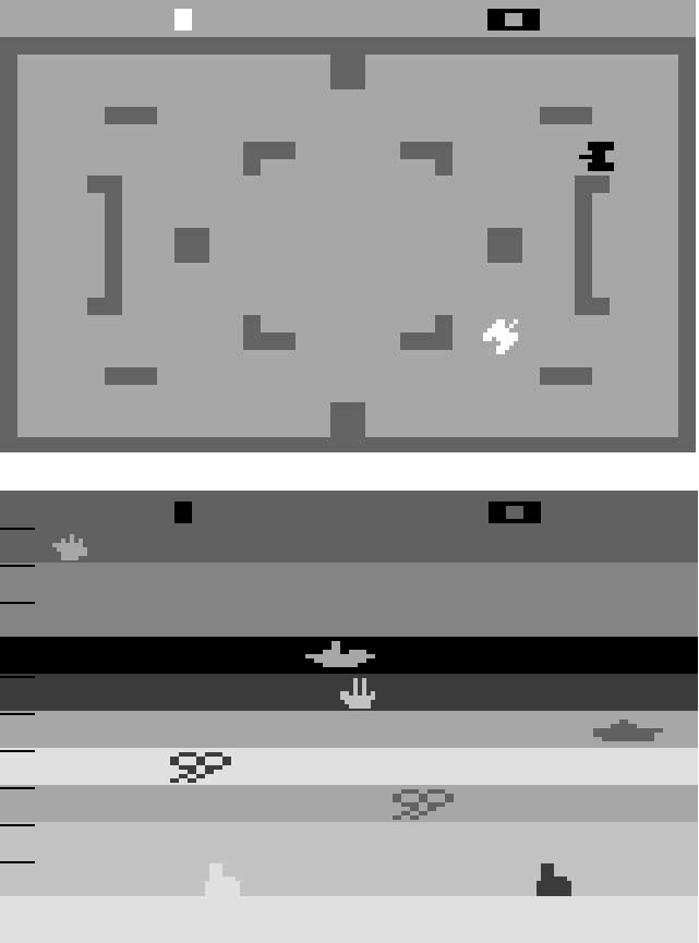 These screen captures from Combat (top) and Air-Sea Battle (below) show the visual quality of Atari VCS games.