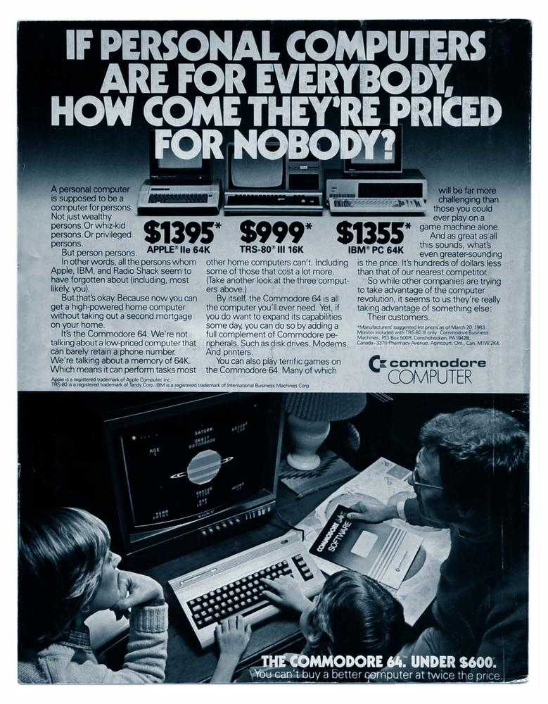 This 1983 advertisement for the Commodore 64 sold the system as a powerful computer within the financial reach of middle-class families.