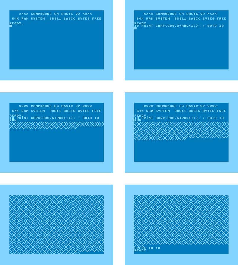 From left to right and top to bottom, the 10 PRINT program is typed into the Commodore 64 and is run. Output scrolls across the screen until it is stopped.