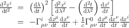 
$$\begin{array}{rcl} \frac{\mathrm{{d}}^{2}{x}^{i}} {\mathrm{d}{t}^{2}} & =&{ \left (\frac{\mathrm{d}\lambda } {\mathrm{d}t} \right )}^{2}\left [\frac{\mathrm{{d}}^{2}{x}^{i}} {\mathrm{d}{\lambda }^{2}} -\left ( \frac{\mathrm{{d}}^{2}t} {\mathrm{d}{\lambda }^{2}}\right )\frac{\mathrm{d}{x}^{i}} {\mathrm{d}t} \right ] \\ & =& -{\Gamma }_{\mu \nu }^{i}\frac{\mathrm{d}{x}^{\mu }} {\mathrm{d}t} \frac{\mathrm{d}{x}^{\nu }} {\mathrm{d}t} + \frac{1} {c}{\Gamma }_{\mu \nu }^{0}\frac{\mathrm{d}{x}^{\mu }} {\mathrm{d}t} \frac{\mathrm{d}{x}^{\nu }} {\mathrm{d}t} \frac{\mathrm{d}{x}^{i}} {\mathrm{d}t}\end{array}$$
