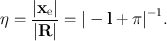 
$$\eta = \frac{\vert {\mathbf{x}}_{\mathrm{e}}\vert } {\vert \mathbf{R}\vert } =\vert -\mathbf{l} +{ \mathrm{\pi }\vert }^{-1}.$$
