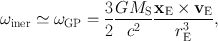 
$${ \mathrm{\omega }}_{\mathrm{iner}} \simeq {\mathrm{\omega }}_{\mathrm{GP}} = \frac{3} {2} \frac{G{M}_{\mathrm{S}}} {{c}^{2}} \frac{{\mathbf{x}}_{\mathrm{E}} \times {\mathbf{v}}_{\mathrm{E}}} {{r}_{\mathrm{E}}^{3}},$$
