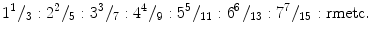 
$$ {1}^{1}\rm{\hspace{0.05em}}{/}_{3}:{2}^{2}\rm{\hspace{0.05em}}{/}_{5}:{3}^{3}\rm{\hspace{0.05em}}{/}_{7}:{4}^{4}\rm{\hspace{0.05em}}{/}_{9}:{5}^{5}\rm{\hspace{0.05em}}{/}_{11}:{6}^{6}\rm{\hspace{0.05em}}{/}_{13}:{7}^{7}\rm{\hspace{0.05em}}{/}_{15}:\\rm{etc}.$$
