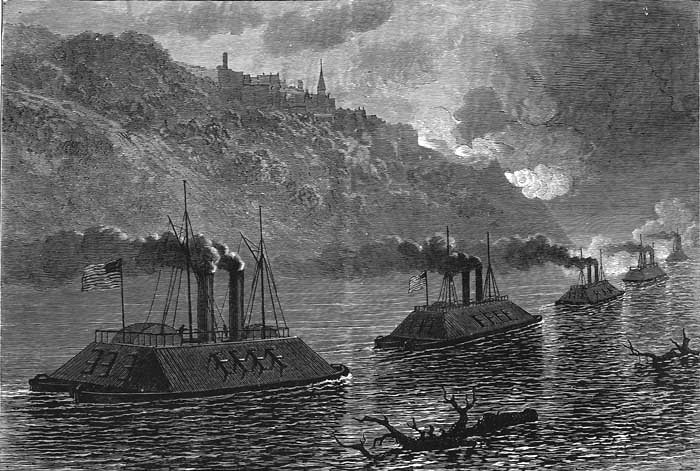 GUNBOATS PASSING VICKSBURG IN THE NIGHT