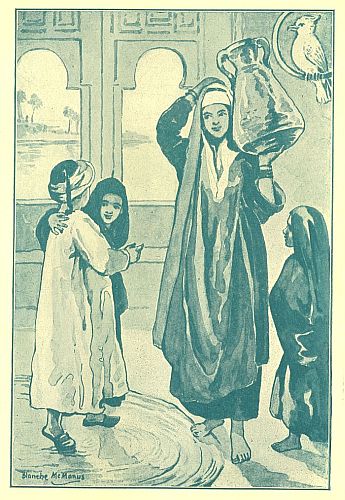 Woman holding jar on her shoudler and three children