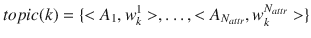 $$topic(k) = \{<A_{1}, w_{k}^{1}>,\dots , <A_{N_{attr}}, w_{k}^{N_{attr}}>\}$$