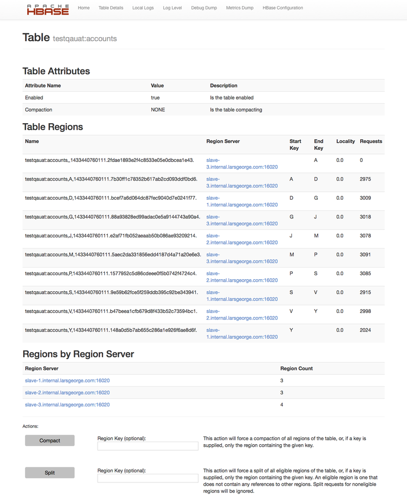 The Table Information page with information about the selected table