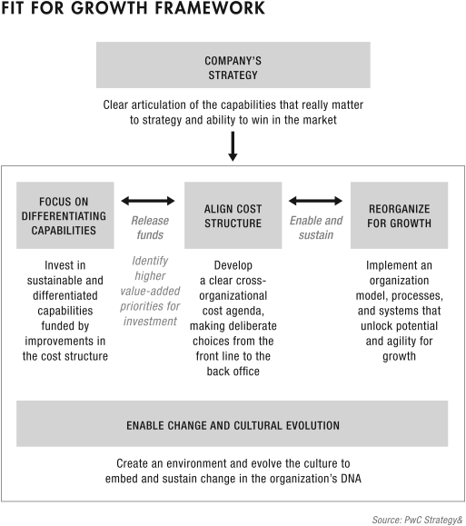 Figure depicting a successful Fit for Growth agenda of a company's overall strategy and culture. The three pillars: (1) focus on differentiating capabilities, (2) align the cost structure, and (3) reorganize for growth are depicted.