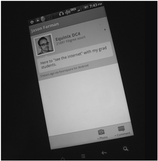 Figure 3.4 An image of my check-in to Equinix on Foursquare, which broadcasted my location, activity and companions to those in my network. Image © 2011 Jason Farman.