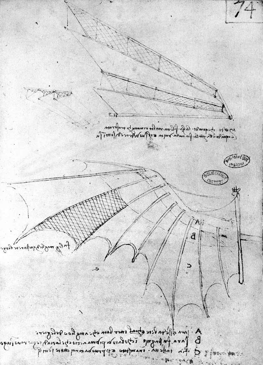 Plan d’une machine volante de Léonard de Vinci, s’appuyant sur l’idée que l’espace n’est pas vide mais rempli d’air.