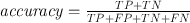 
$$\begin{array}{rcl} & \mathit{accuracy} = \frac{TP+TN} {TP+FP+TN+FN}& \end{array}$$
