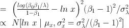 
$$\begin{array}{rcl} & =&{ \left (\frac{log({\beta }_{0}{\beta }_{1}/\lambda )} {1 - {\beta }_{1}} - ln\ x\right )}^{2}{({\beta }_{ 1} - 1)}^{2}/{\sigma }_{ \lambda }^{2} \\ & \propto & N[ln\ x\mid {\mu }_{x},{\sigma }_{x}^{2} = {\sigma }_{ \lambda }^{2}/{({\beta }_{ 1} - 1)}^{2}] \\ \end{array}$$
